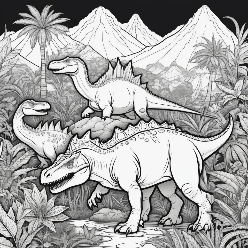 coloring book page with dinosaurs in a jungle