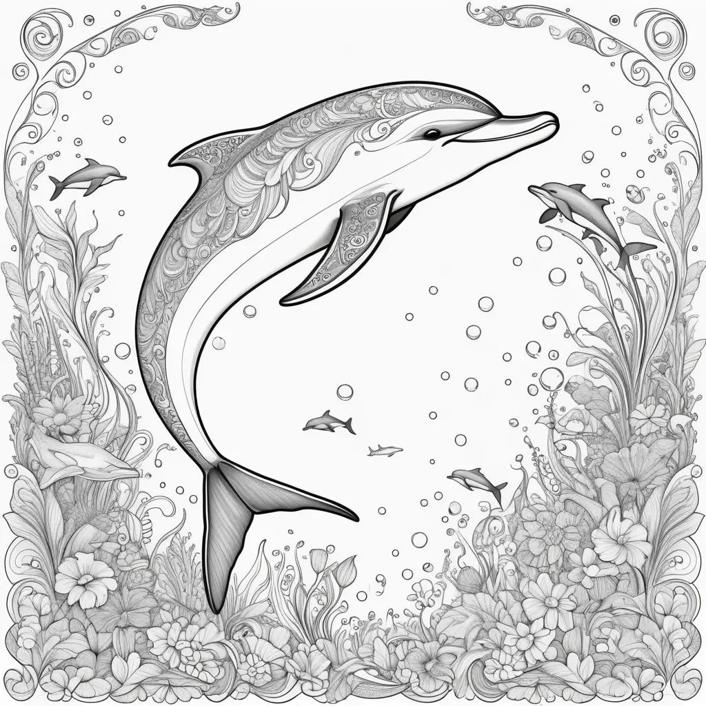 ぬりえは、魚や花と一緒に海を泳ぐイルカを特徴としています