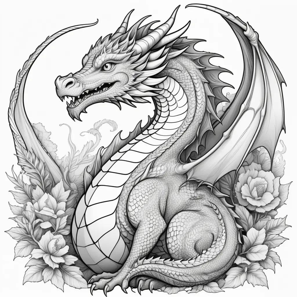 coloring page features a dragon with vibrant colors