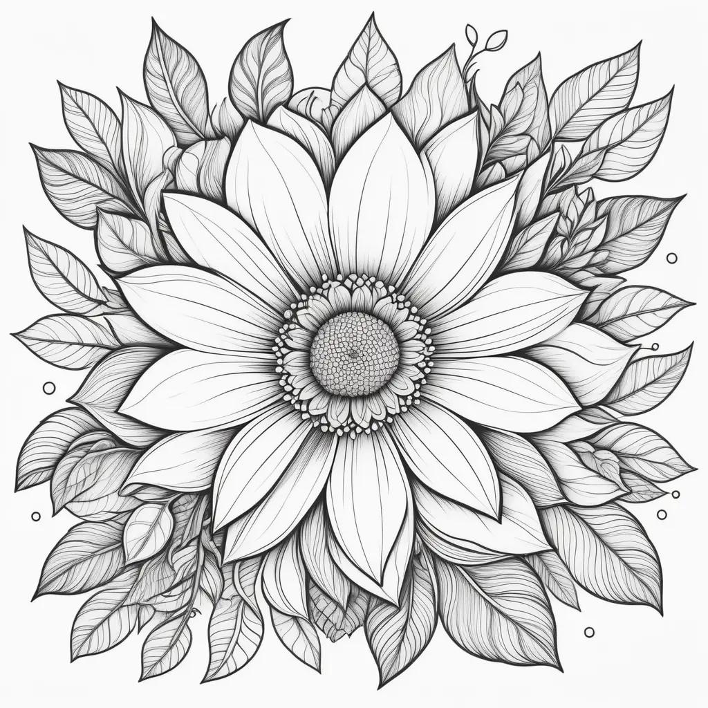 coloring page features a flower and leaves in black and white