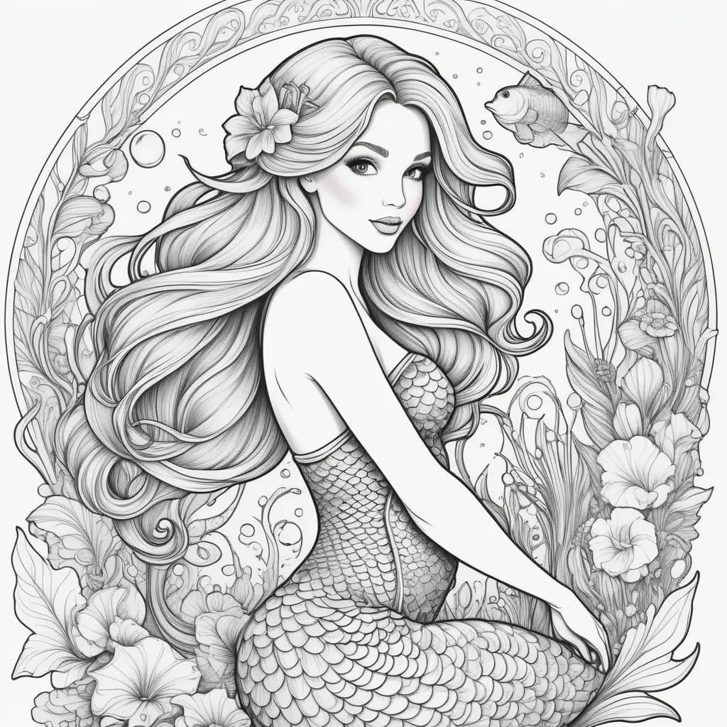 coloring page features a mermaid with long hair and a flower on her head