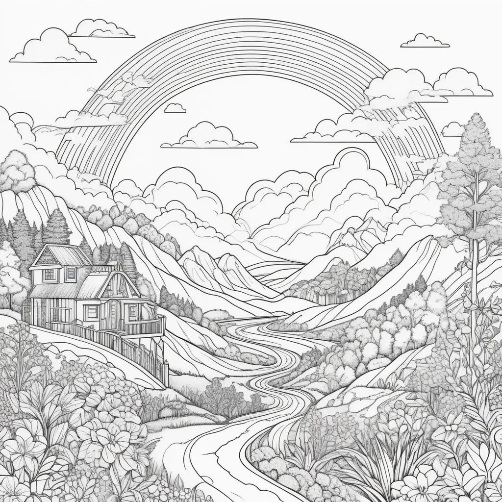 coloring page features a rainbow, a house, and a valley