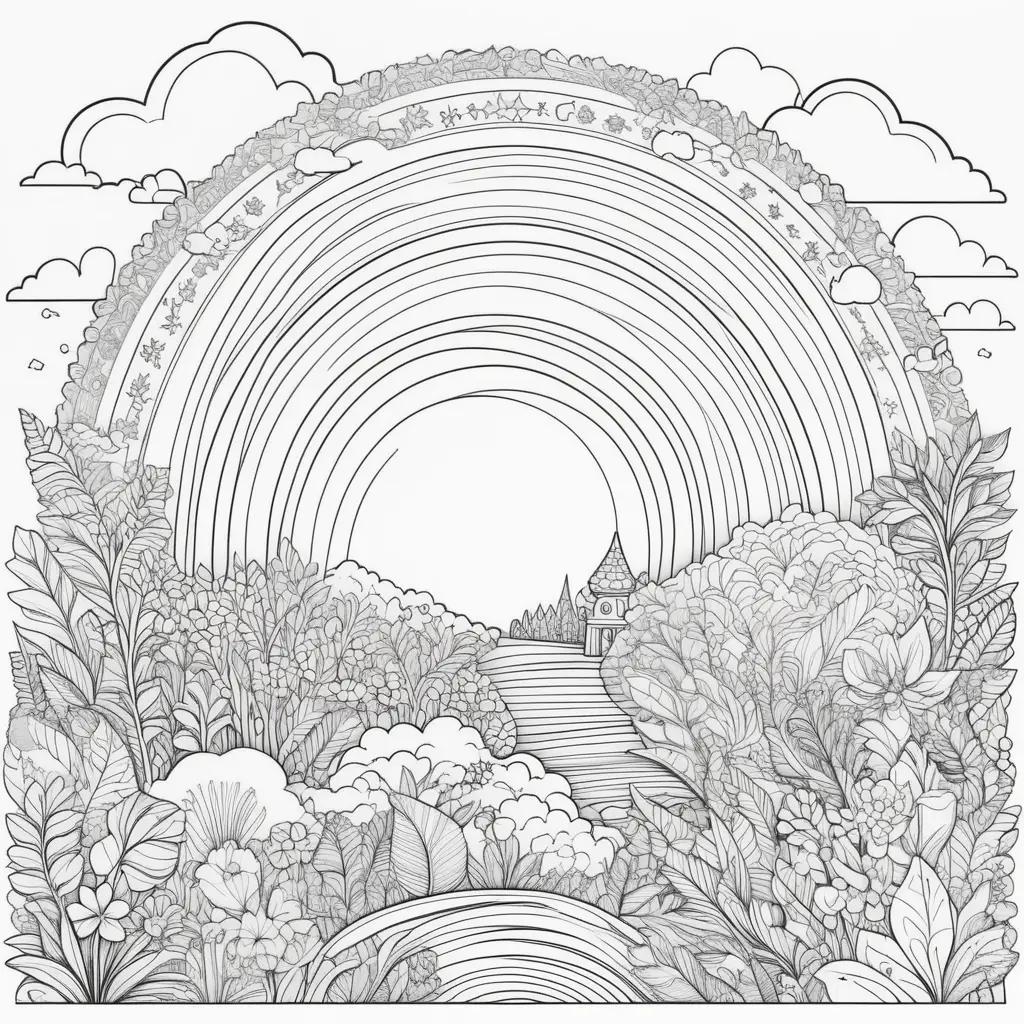 coloring page features a rainbow in the middle