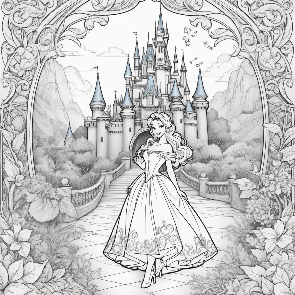 coloring page featuring Disney princess Belle in a castle