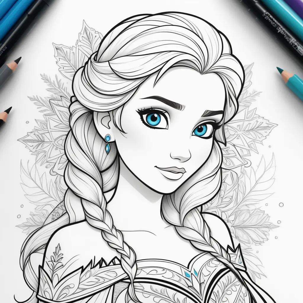 coloring page featuring Frozen elsa with blue hair and earrings