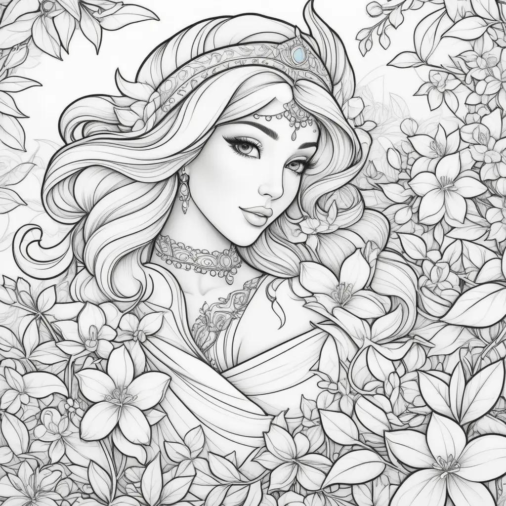 coloring page featuring Jasmine, a princess from Aladdin