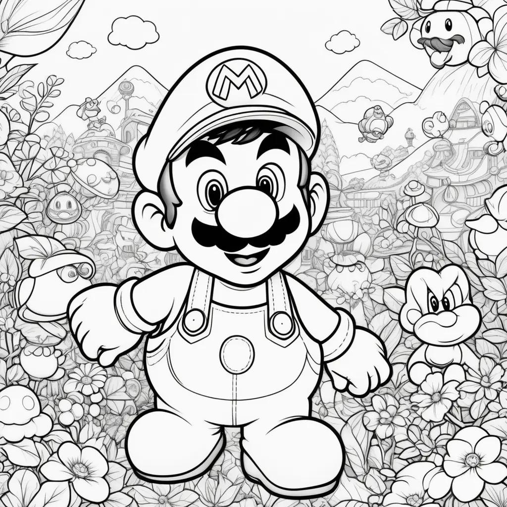 coloring page featuring Mario and his friends