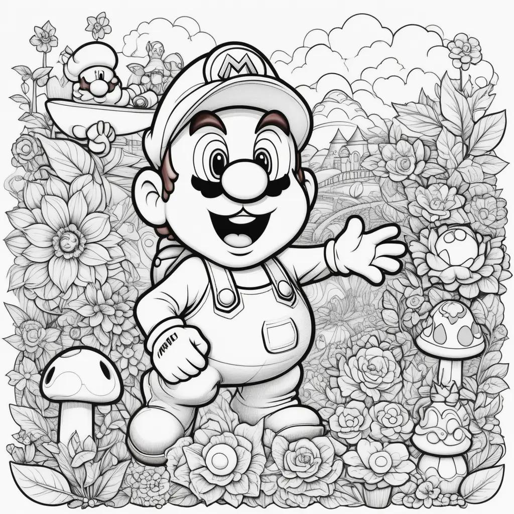 coloring page featuring Mario in a garden