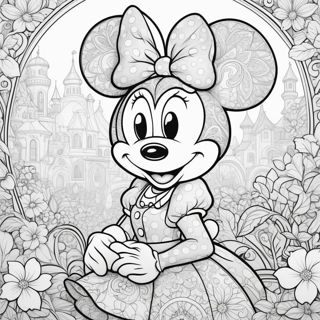 coloring page featuring Minnie Mouse in a black and white style