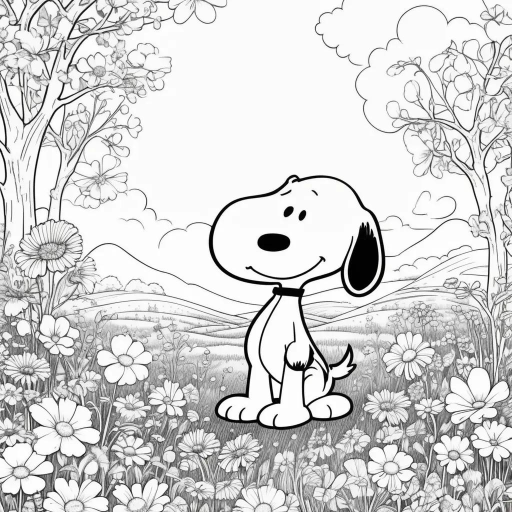 coloring page featuring Snoopy in a field of flowers