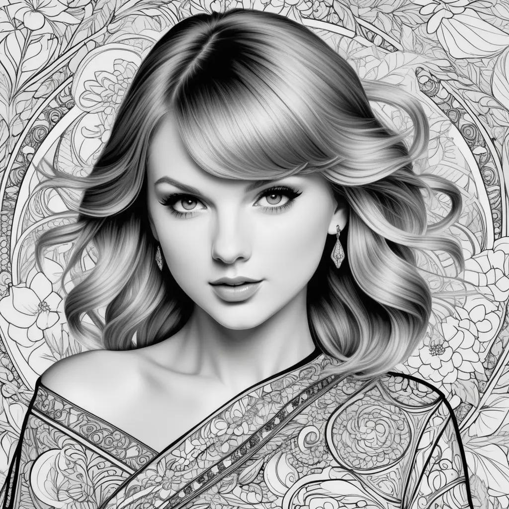 coloring page featuring Taylor Swift in a black and white color scheme