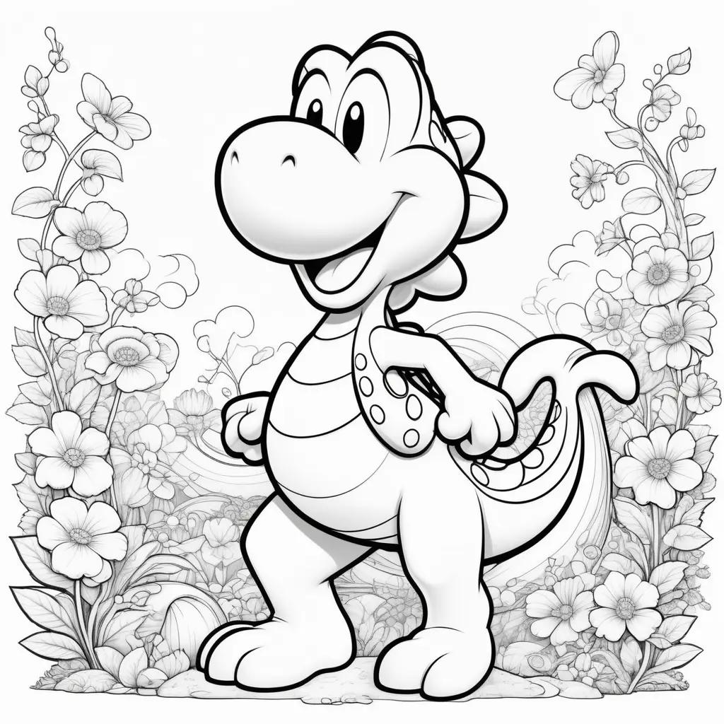 coloring page featuring Yoshi and a variety of flowers