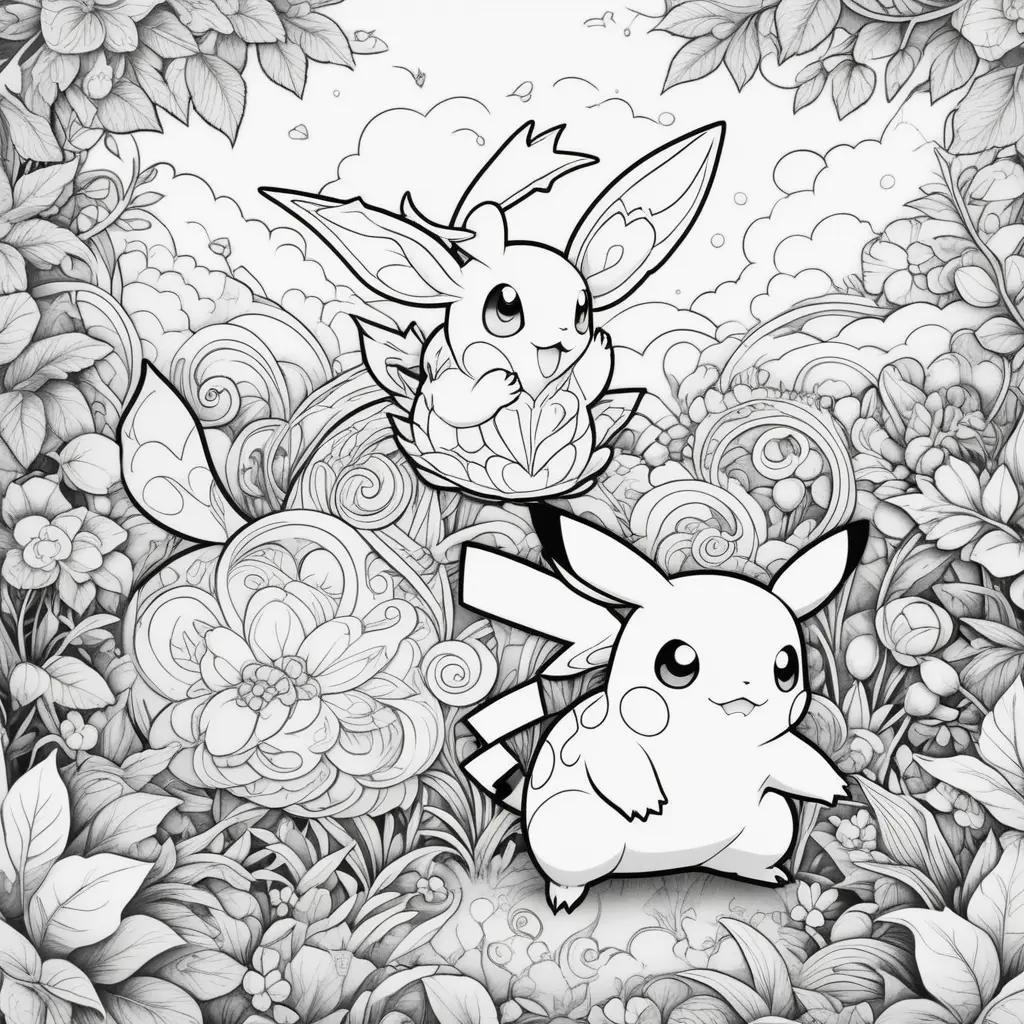 coloring page featuring a Pikachu and Eevee in a floral landscape