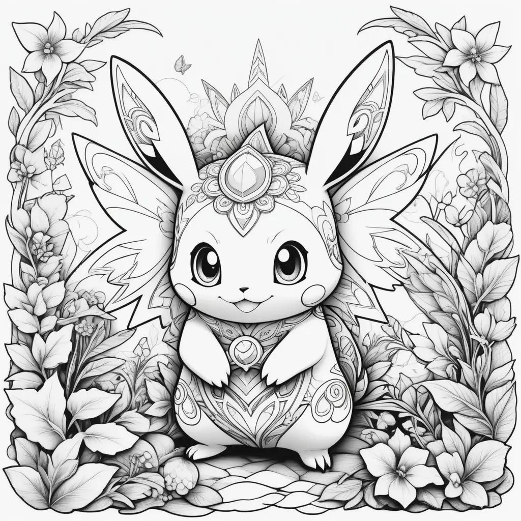 ポケモンのキャラクターとさまざまな花の要素が特徴のぬりえ