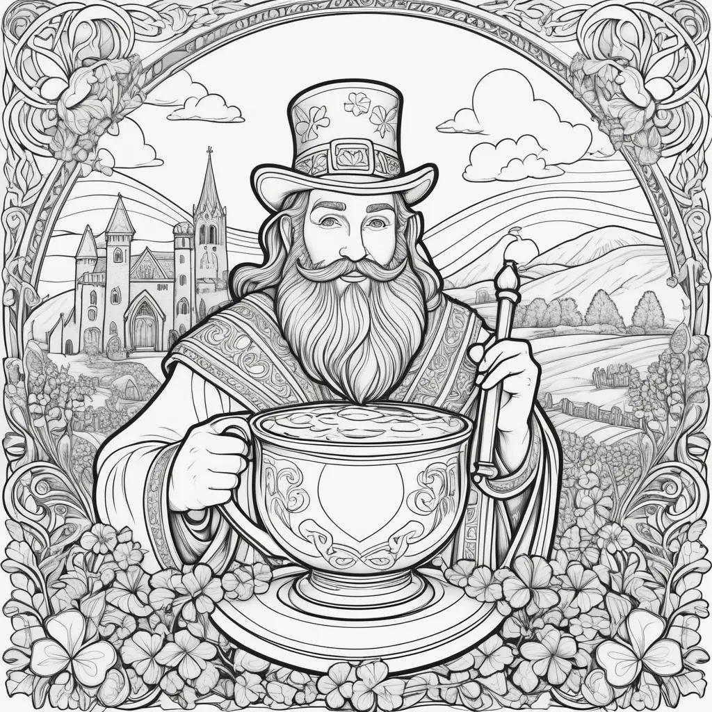 coloring page featuring a bearded man with a hat and a bowl of liquid