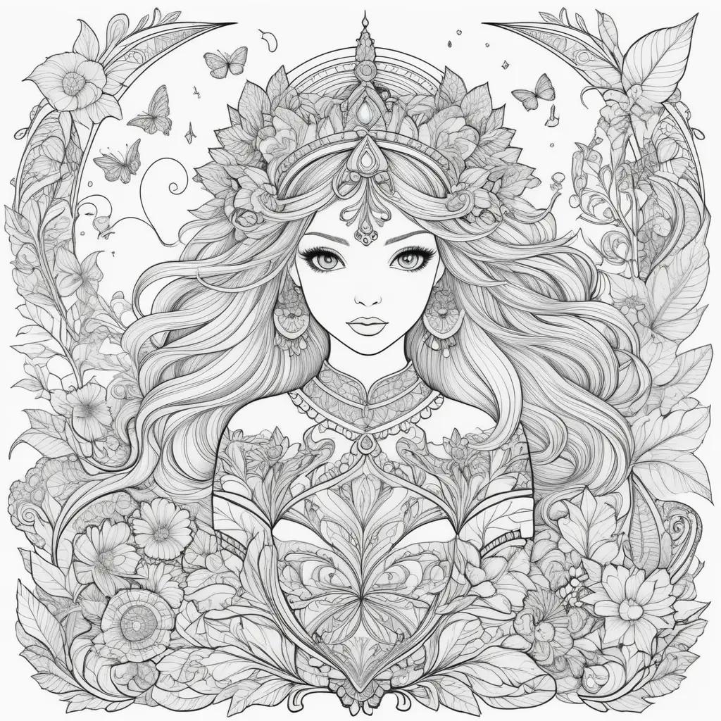 coloring page featuring a beautiful woman with flowers and butterflies