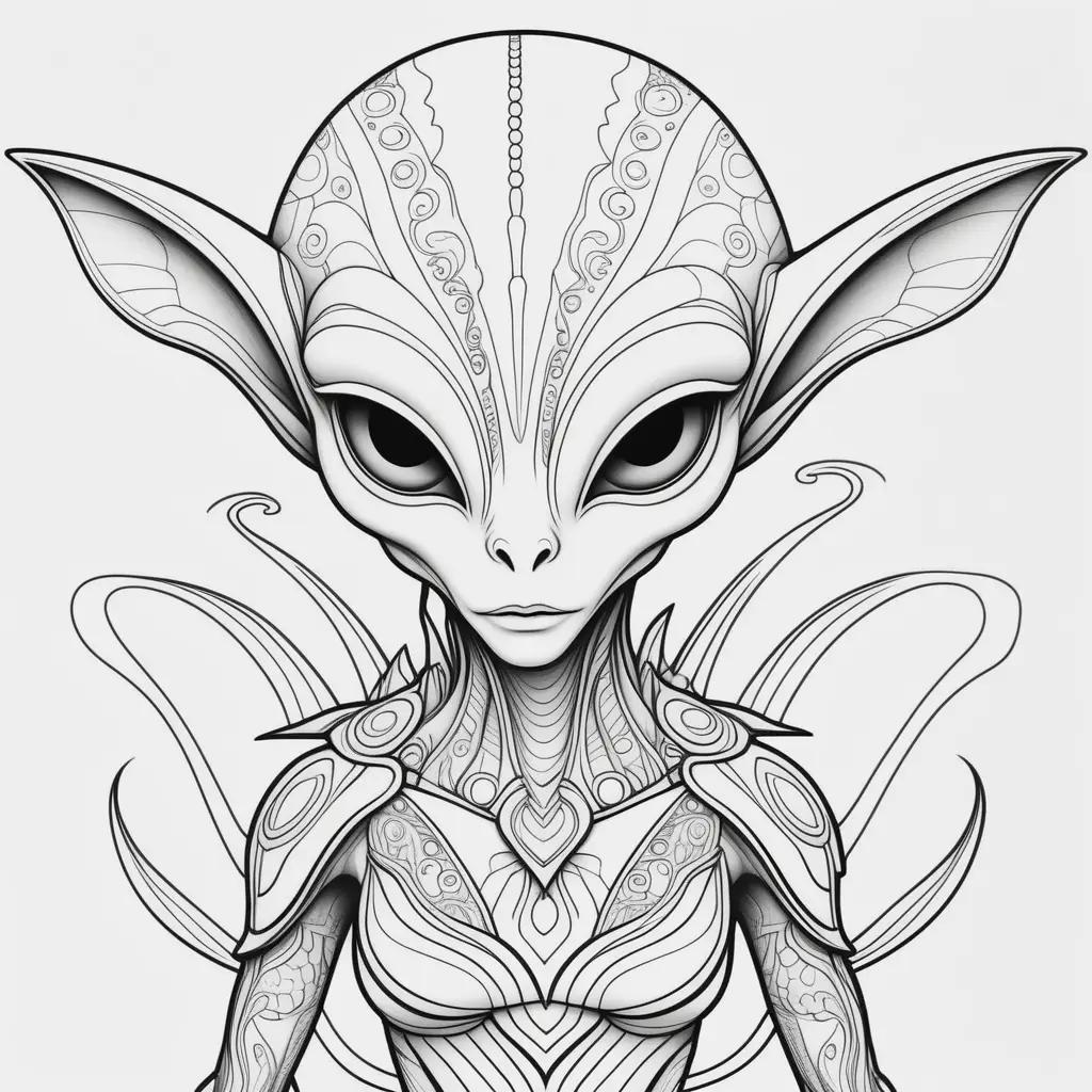 coloring page featuring a black and white alien