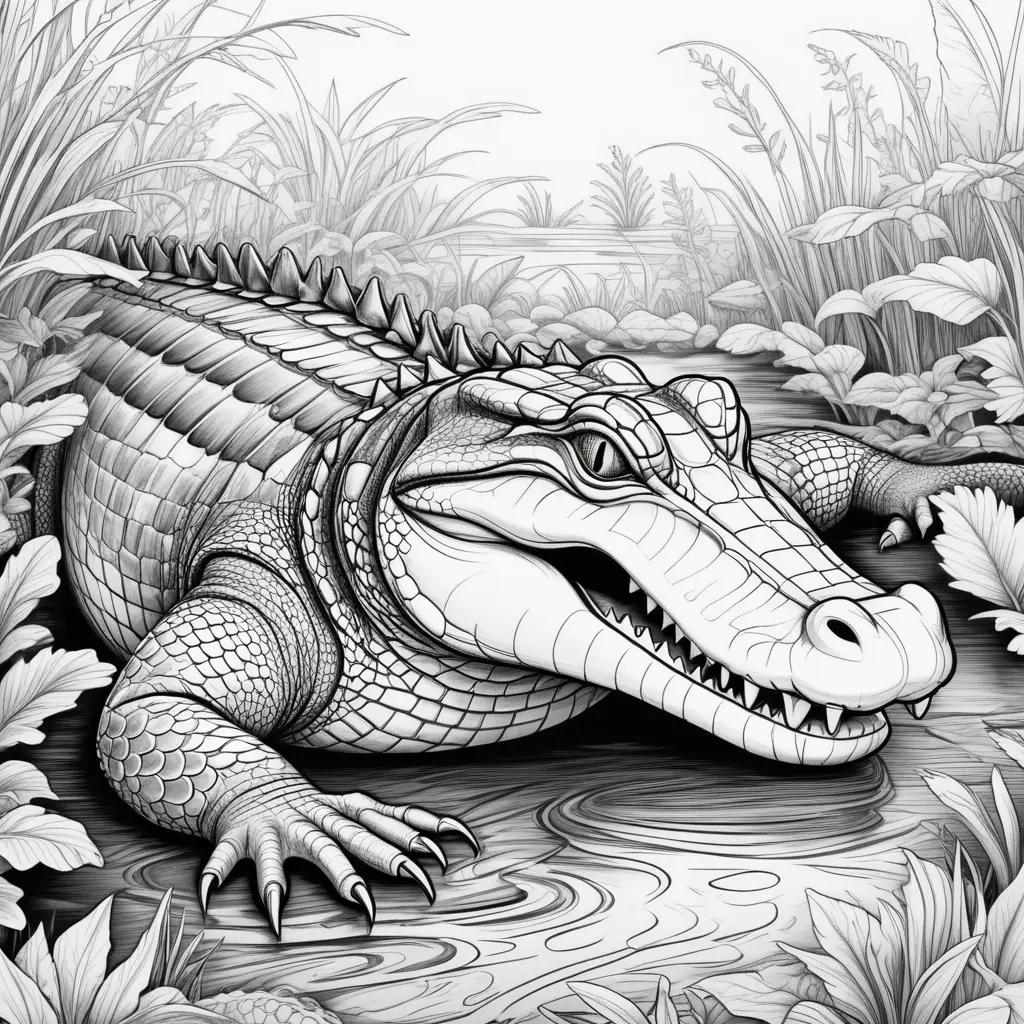 coloring page featuring a black and white alligator in a swamp