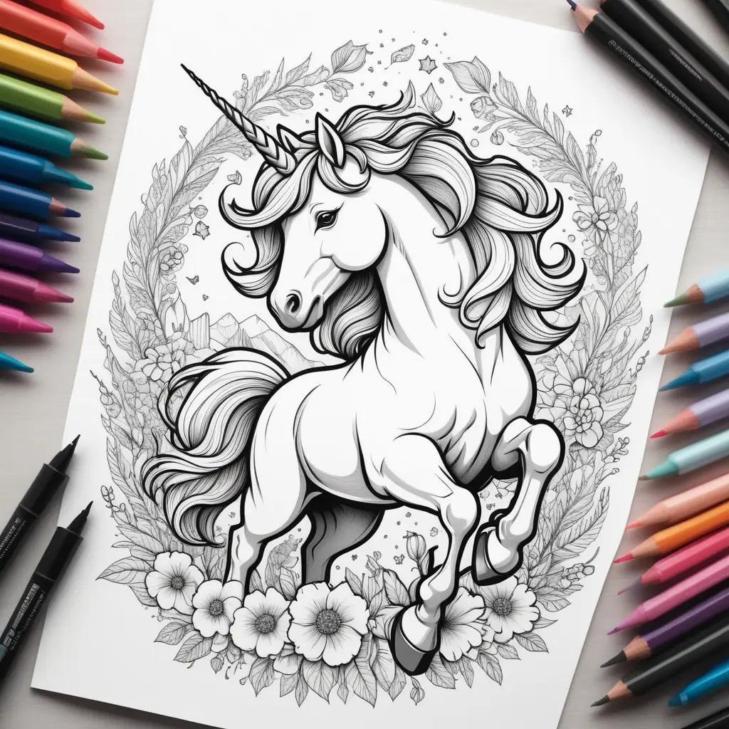 coloring page featuring a black and white unicorn