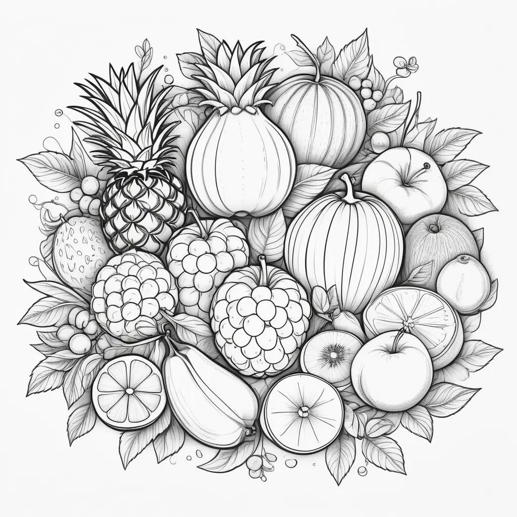 coloring page featuring a bunch of different fruits