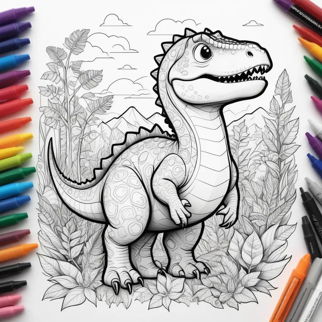 coloring page featuring a dinosaur with a rainbow background