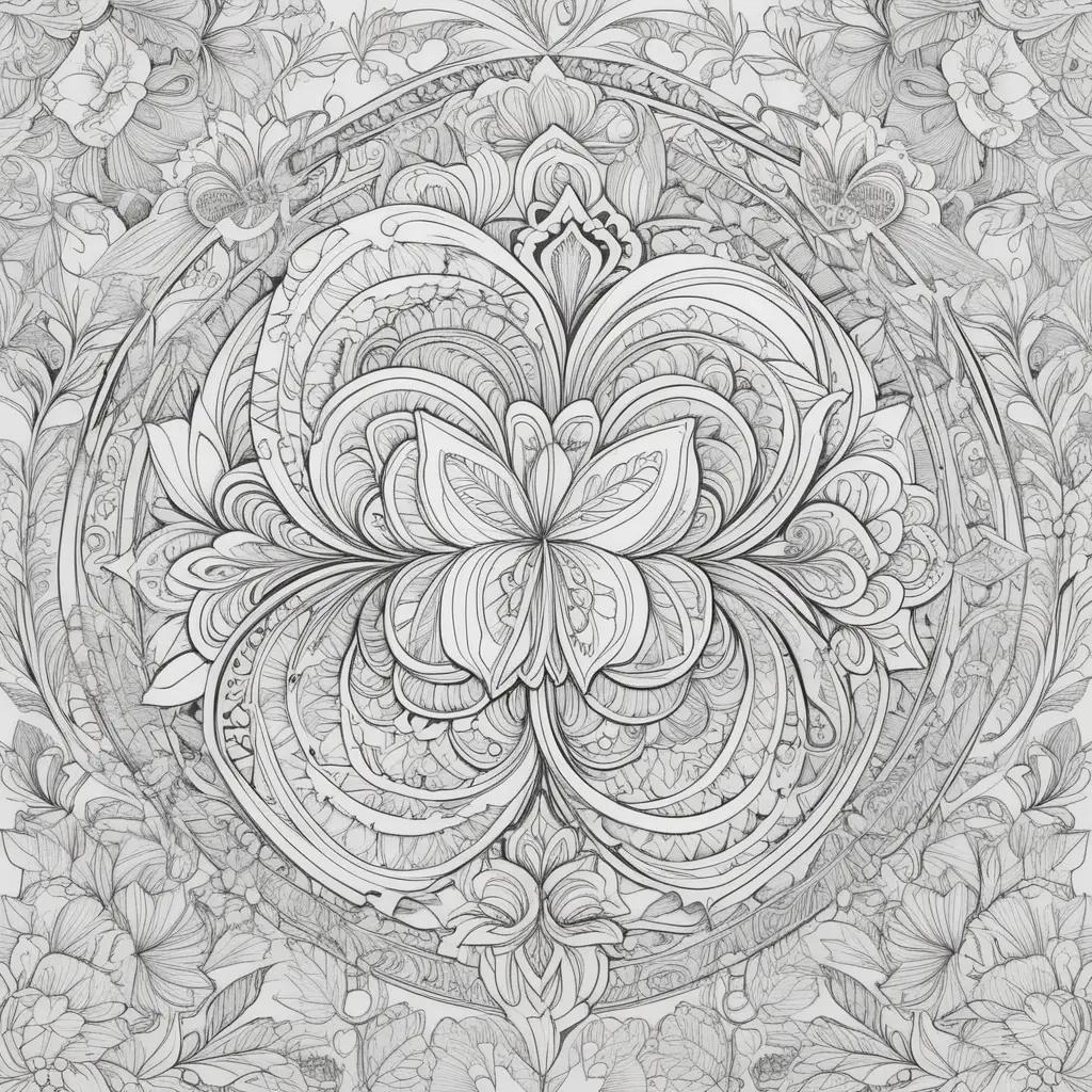 coloring page featuring a flower and leaves with intricate details