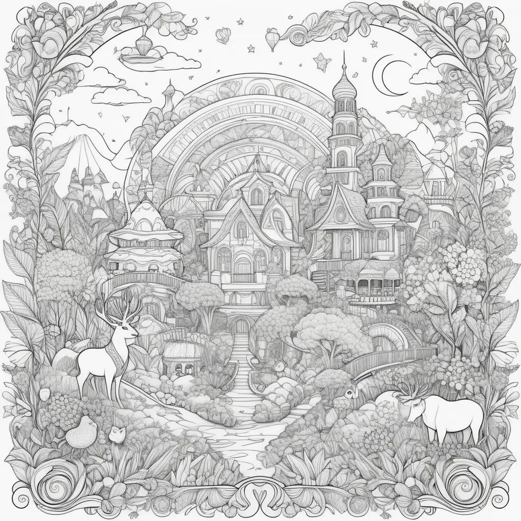 coloring page featuring a forest, animals, and a castle