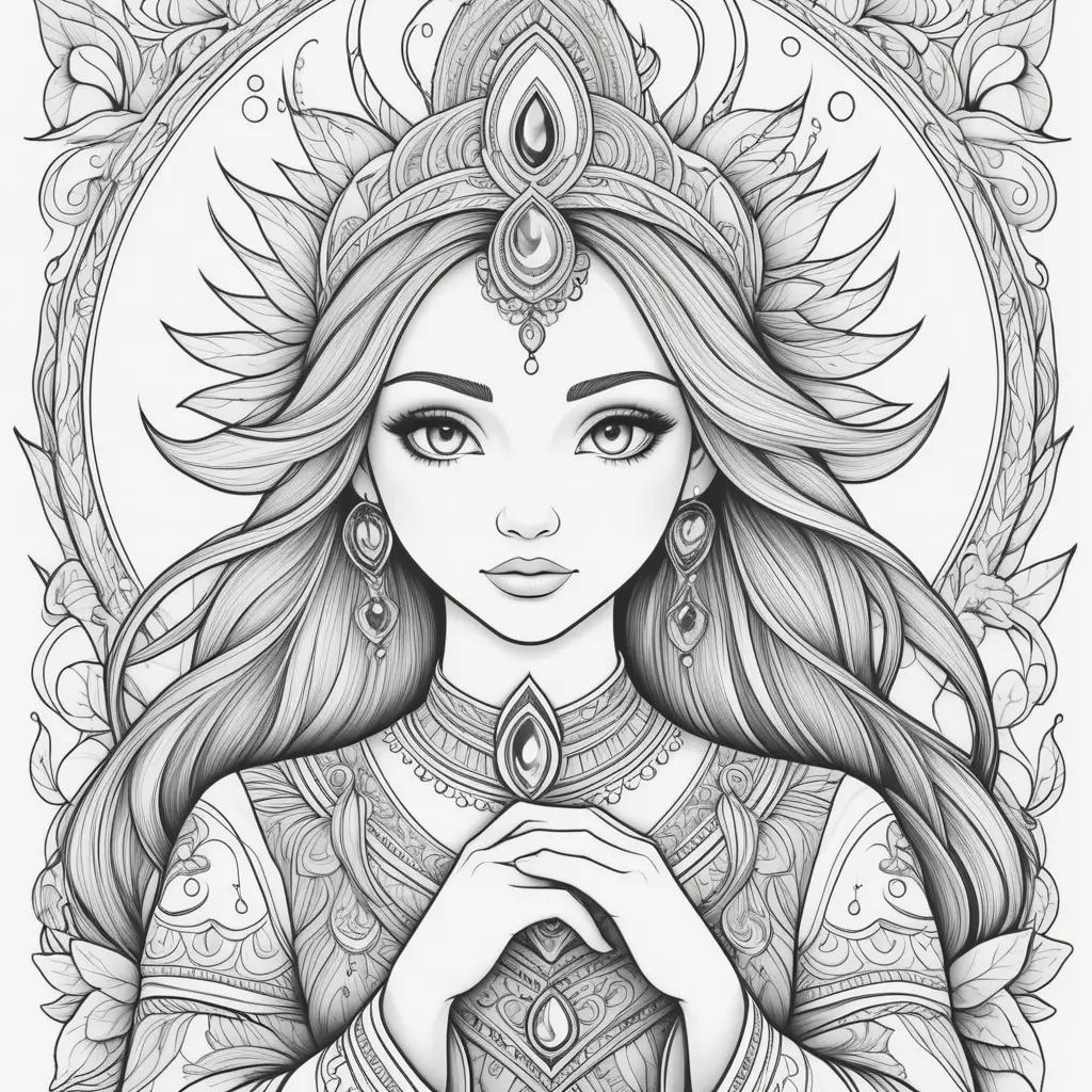 coloring page featuring a girl with a crown and earrings, set against a floral background
