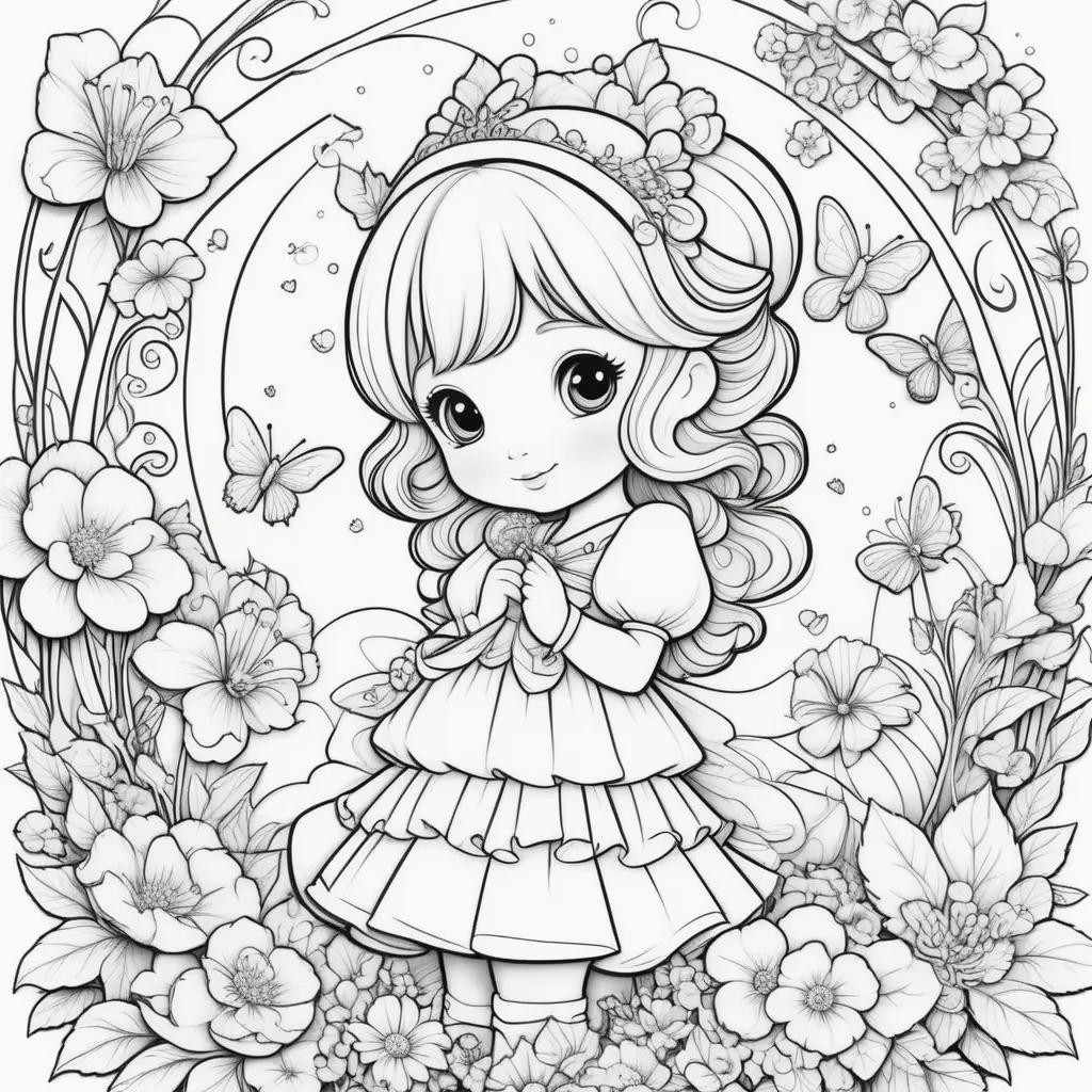 coloring page featuring a girl with a crown and flowers, surrounded by butterflies