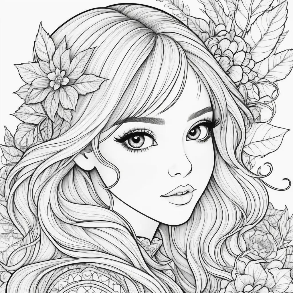 coloring page featuring a girl with flowers and leaves