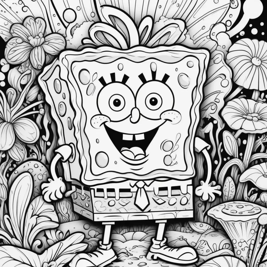 coloring page featuring a happy Spongebob surrounded by flowers