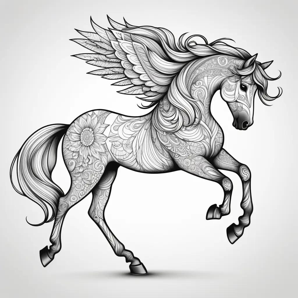 coloring page featuring a horse with wings and intricate details