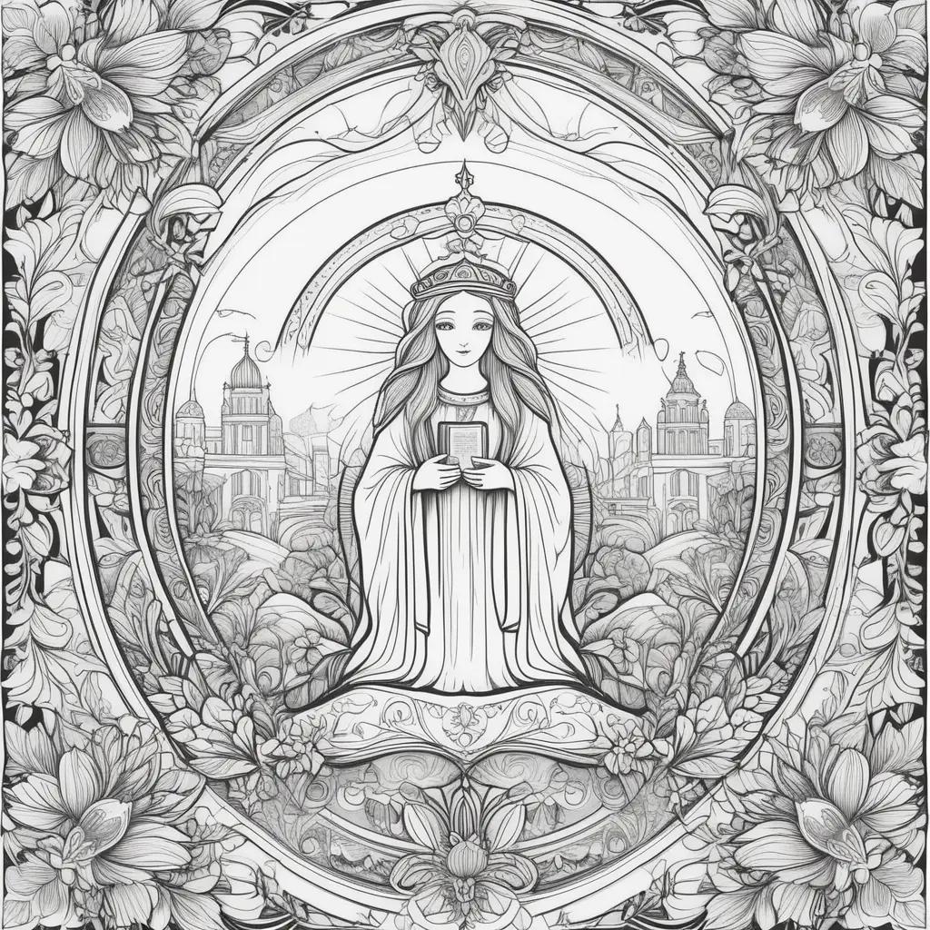 coloring page featuring a lady holding a book in a floral design