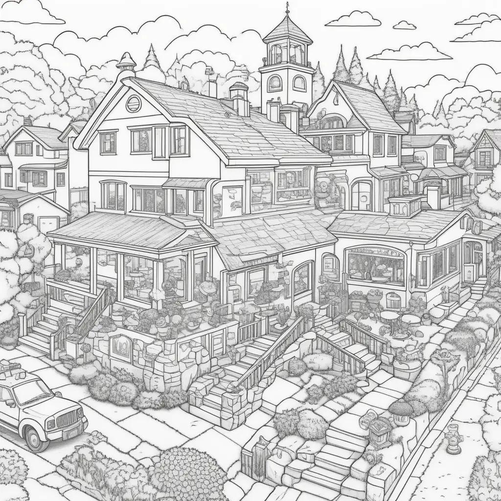 coloring page featuring a large Simpson family house