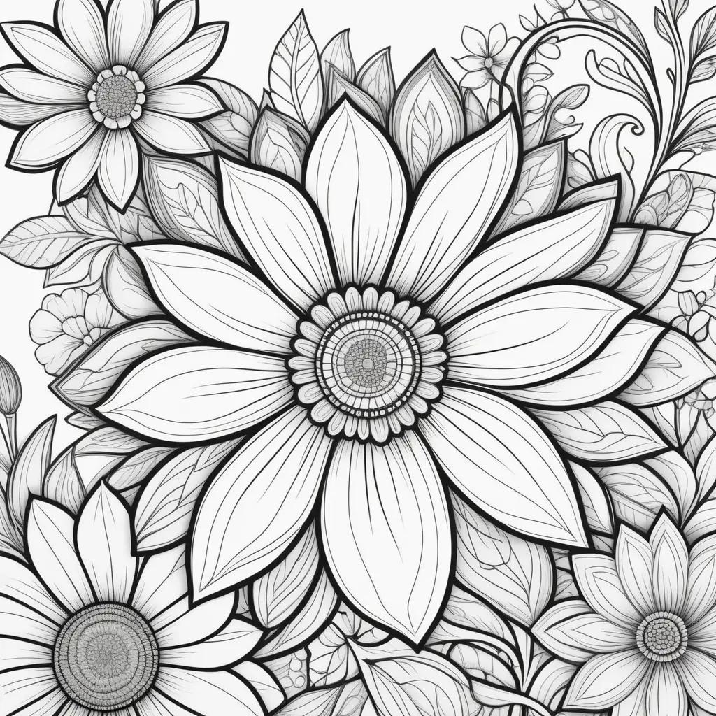 coloring page featuring a large flower with leaves and petals