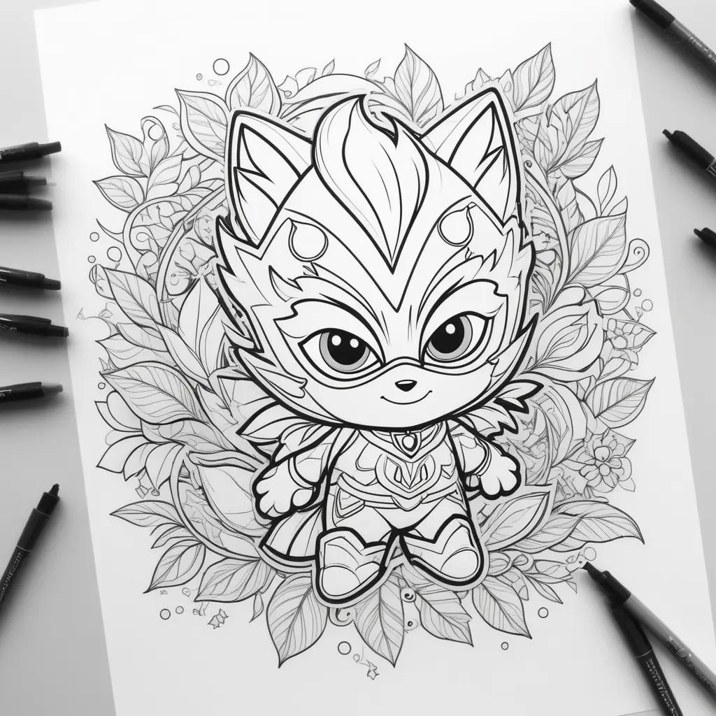 coloring page featuring a pj mask character surrounded by leaves