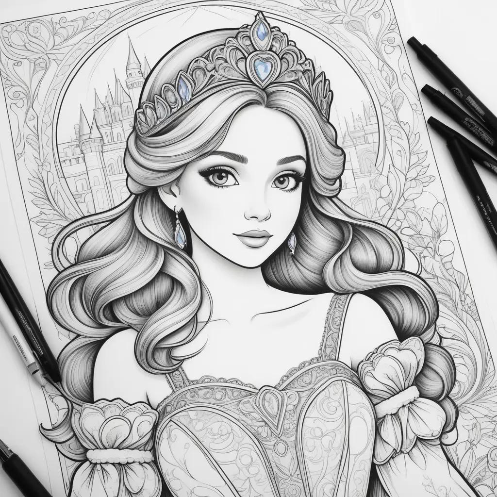 coloring page featuring a princess with a crown and a castle in the background