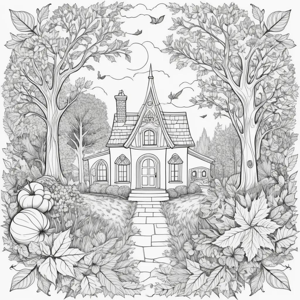 coloring page featuring a pumpkin and a house in the fall season