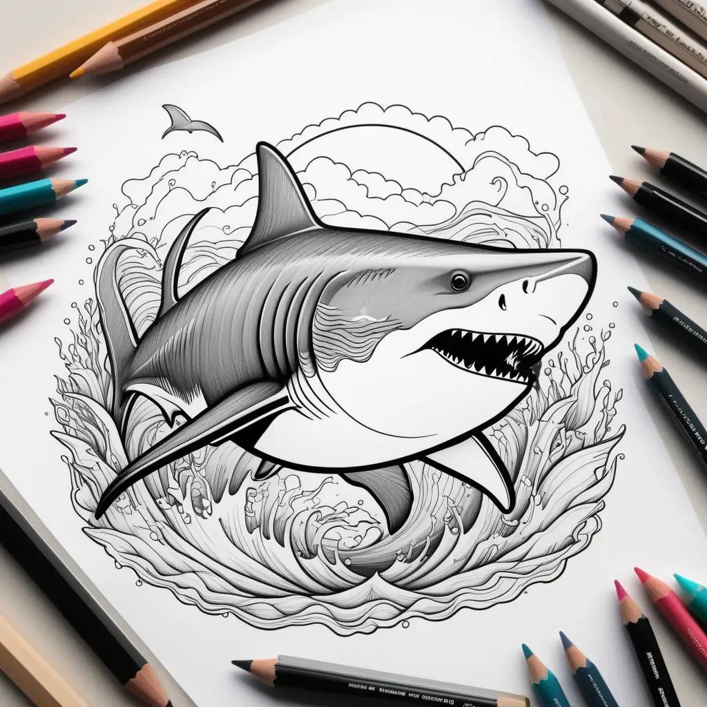 coloring page featuring a shark and a wave with a coloring book in the background