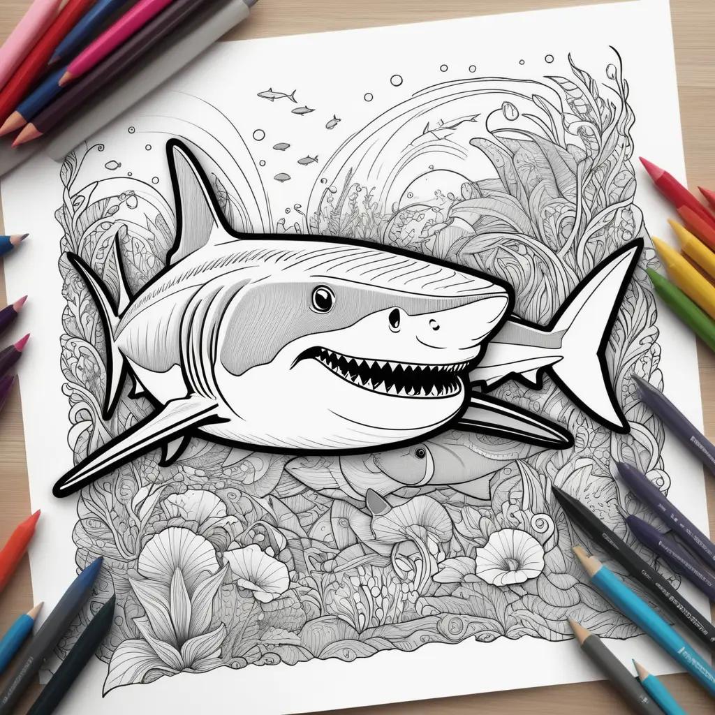 coloring page featuring a shark with a variety of colors and drawings
