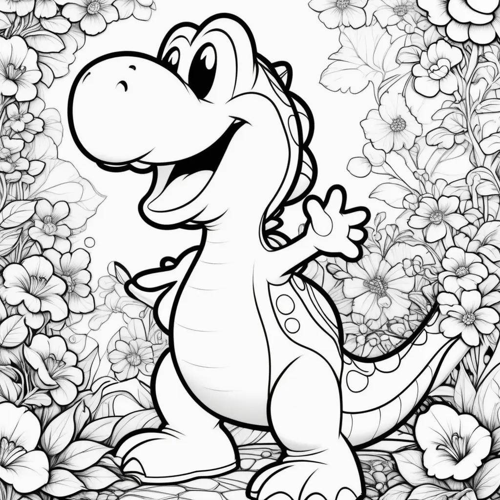 coloring page featuring a smiling dinosaur named Yoshi