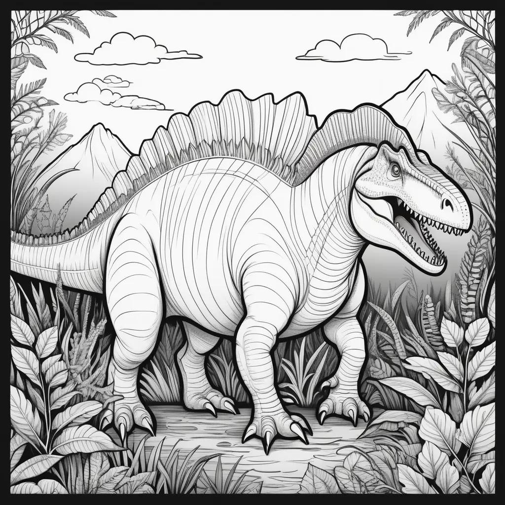 coloring page featuring a spinosaurus dinosaur in a forest