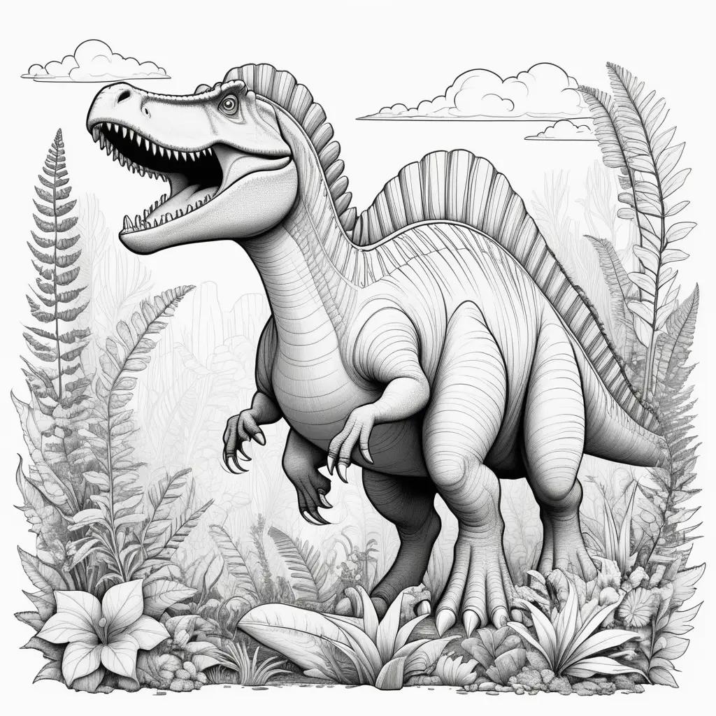 coloring page featuring a spinosaurus dinosaur in a jungle setting