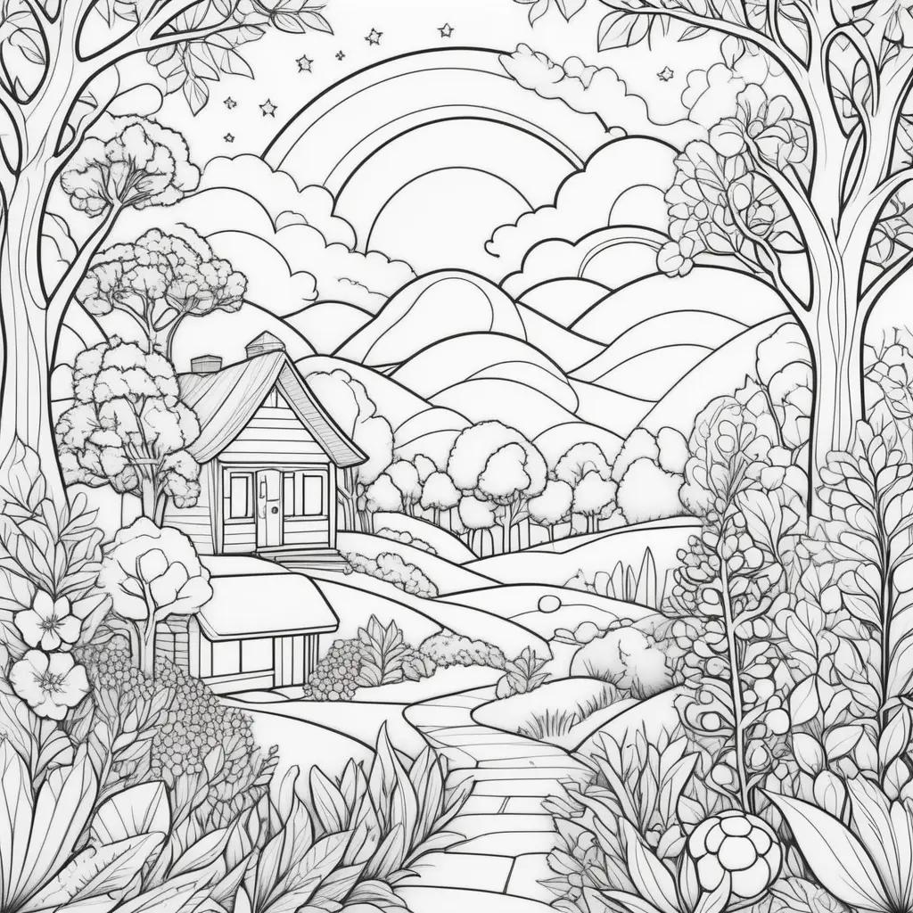 coloring page featuring a tree, a house, and a path with stars in the sky