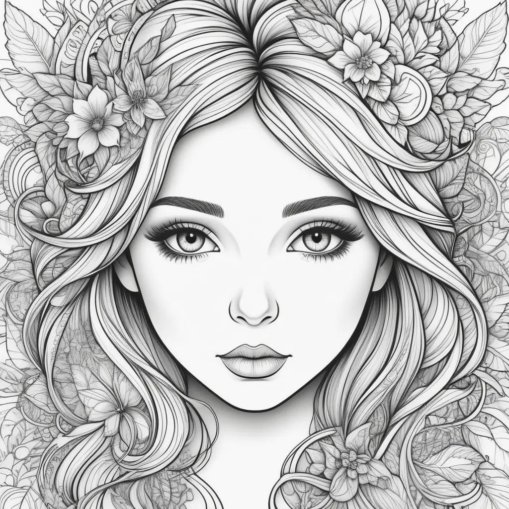 coloring page featuring a woman with a floral crown on her head