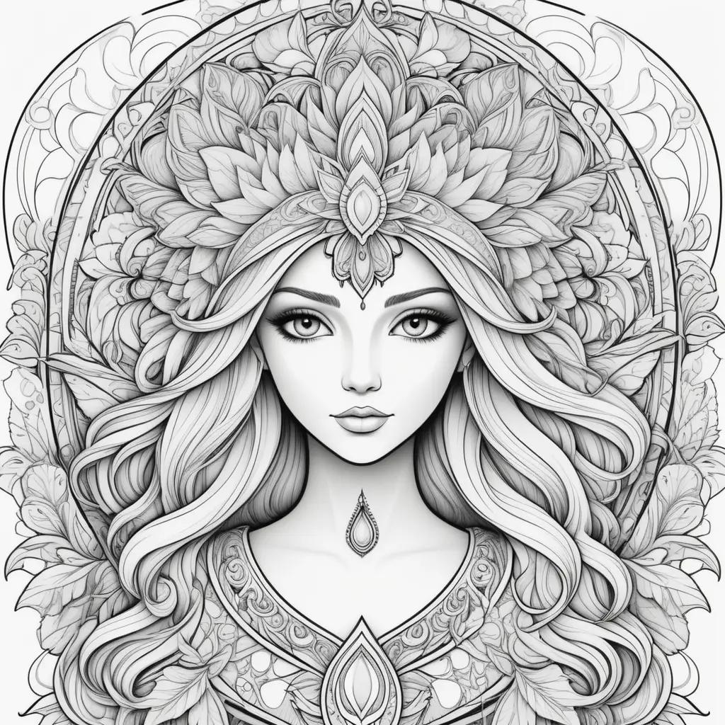 coloring page featuring a woman with a flower crown and spirit symbol
