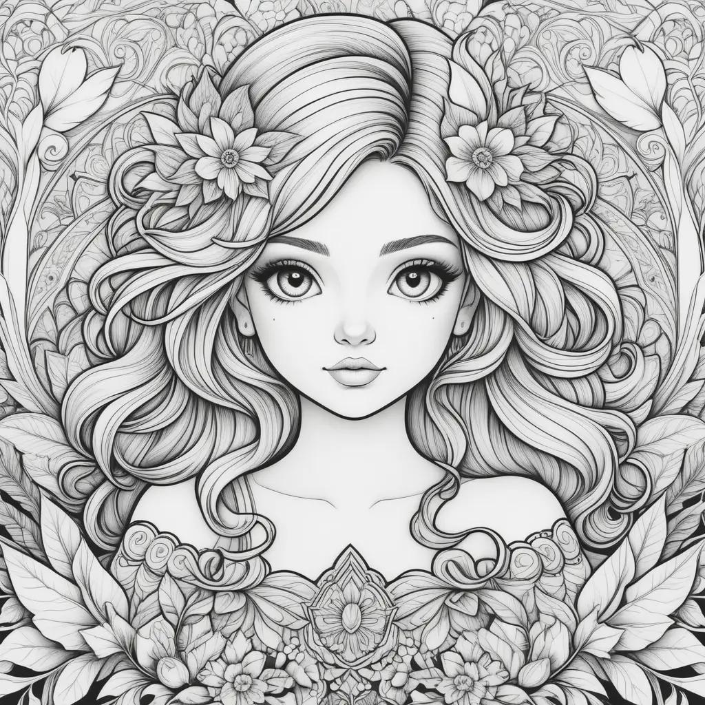 coloring page featuring a young woman with flowers in her hair