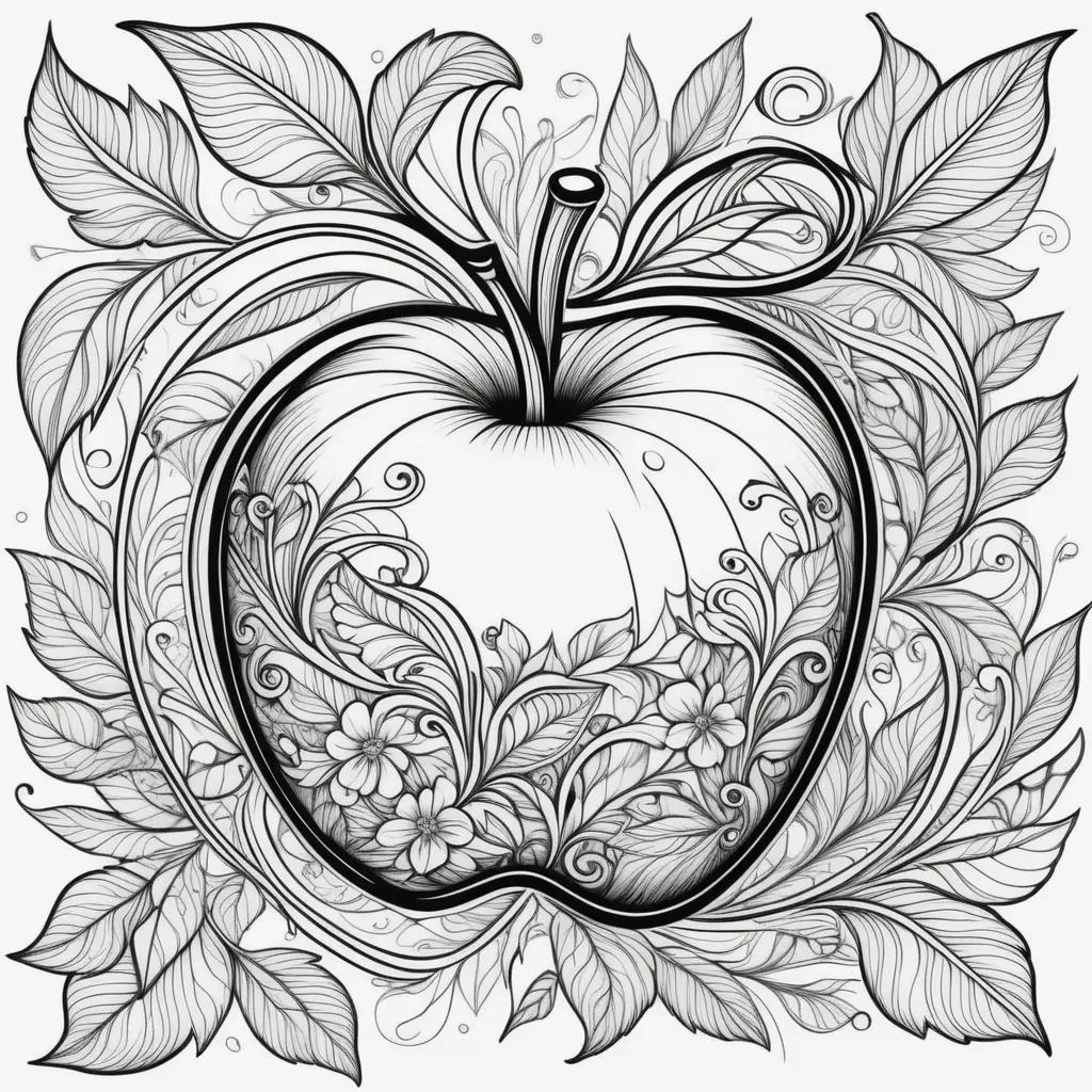 coloring page featuring an apple surrounded by leaves