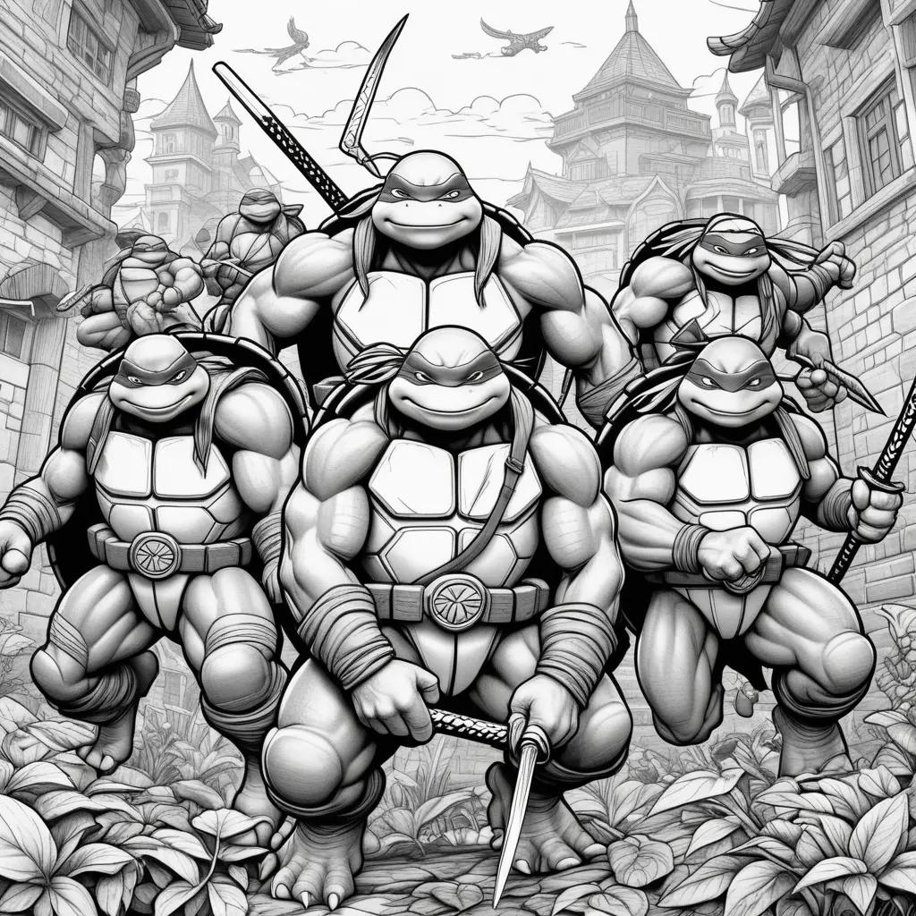 coloring page featuring five ninja turtles in black and white