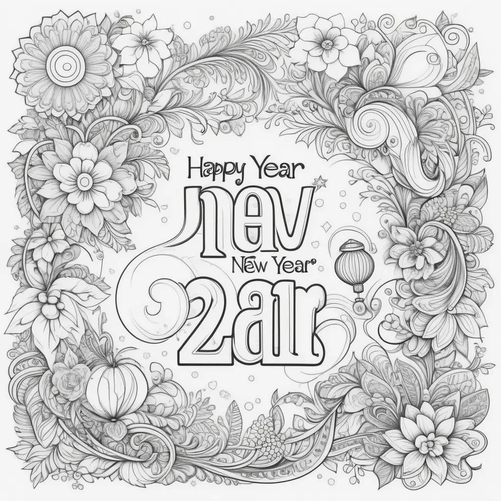 coloring page featuring flowers and the Happy New Year message